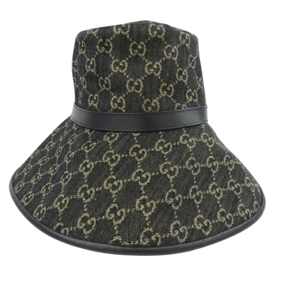 Gucci Black Denim With Leather Trim Big Brim Hat